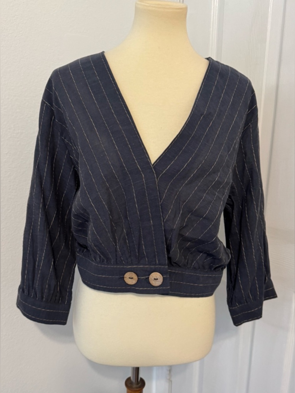 Oat New York Striped Cropped Button Wrap Top Linen Blend Size Large